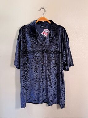 90s Vintage Mens Button Down Crushed Velvet Navy Tribal Cyber Sigilism Y2K Large